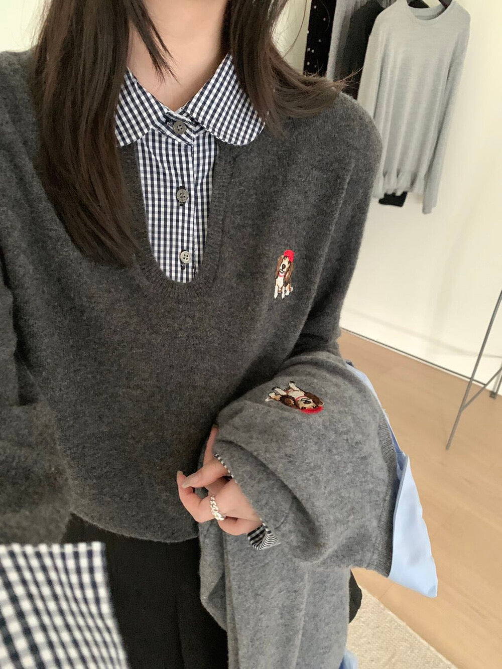 Kelly Designs Puppy Embroidery Wool Layered Fake 2pcs Sweater (Instock)