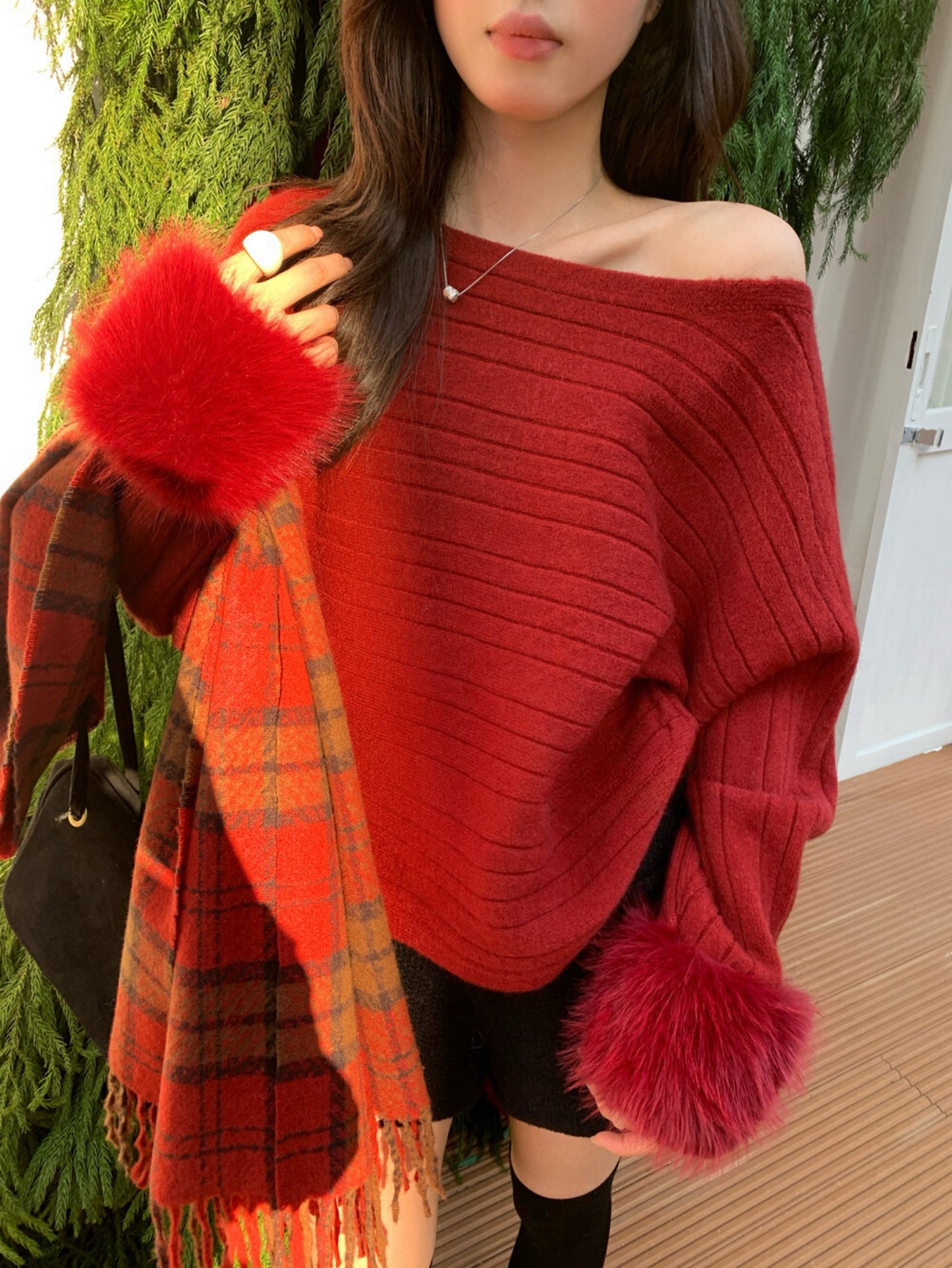 Kelly Designs  French-Inspired Off-Shoulder Knit Sweater with Fur Cuffs (Instock)