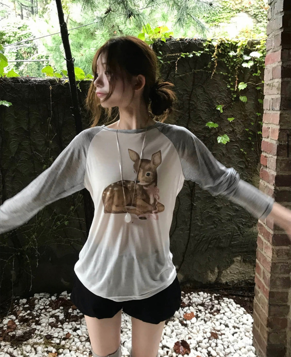 Korean Baby Bambi Raglan Long Sleeve Tee - Pink/Gray (Instock)