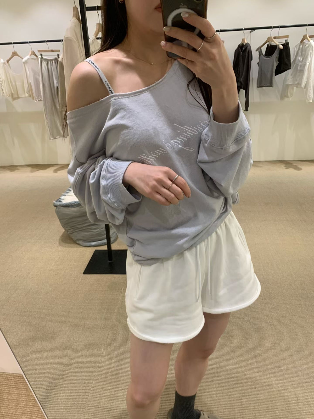Korean APM vegetable Lettering Wide Neck Long Sleeve Top (Instock)