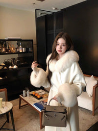 Kelly Designs Fox Fur Trim Wool Long Coat – Ivory (Instock)