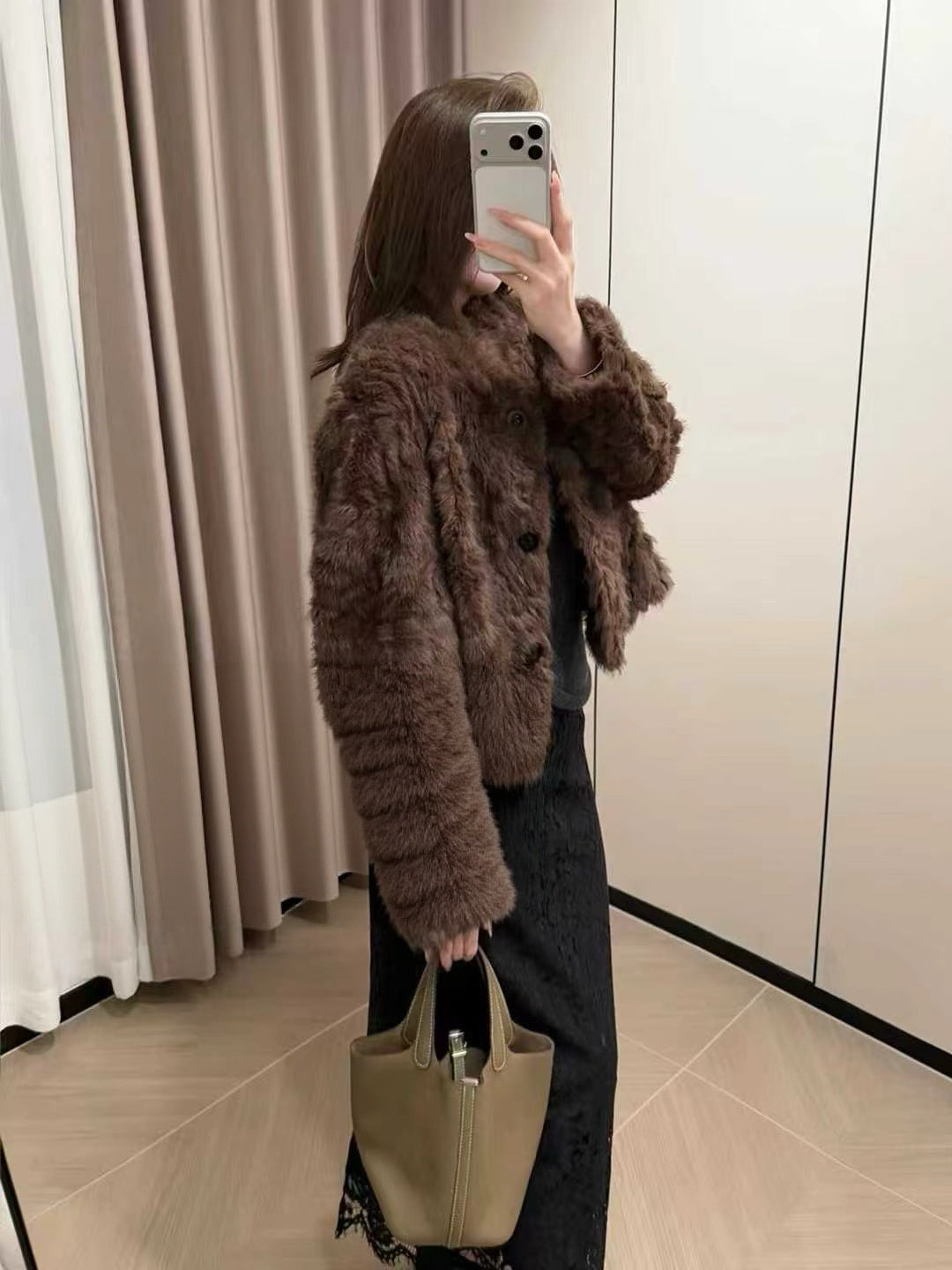 Kelly Designs Natural Curly Faux Lamb Fur Coat – Eco-Friendly Plush Winter Brown Jacket (Instock)