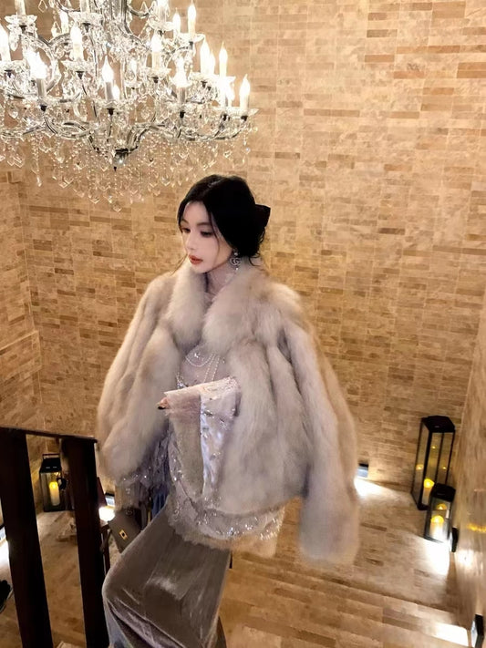 Kelly Designs Taupe Fox Fur Jacket with High Neck (Instock)