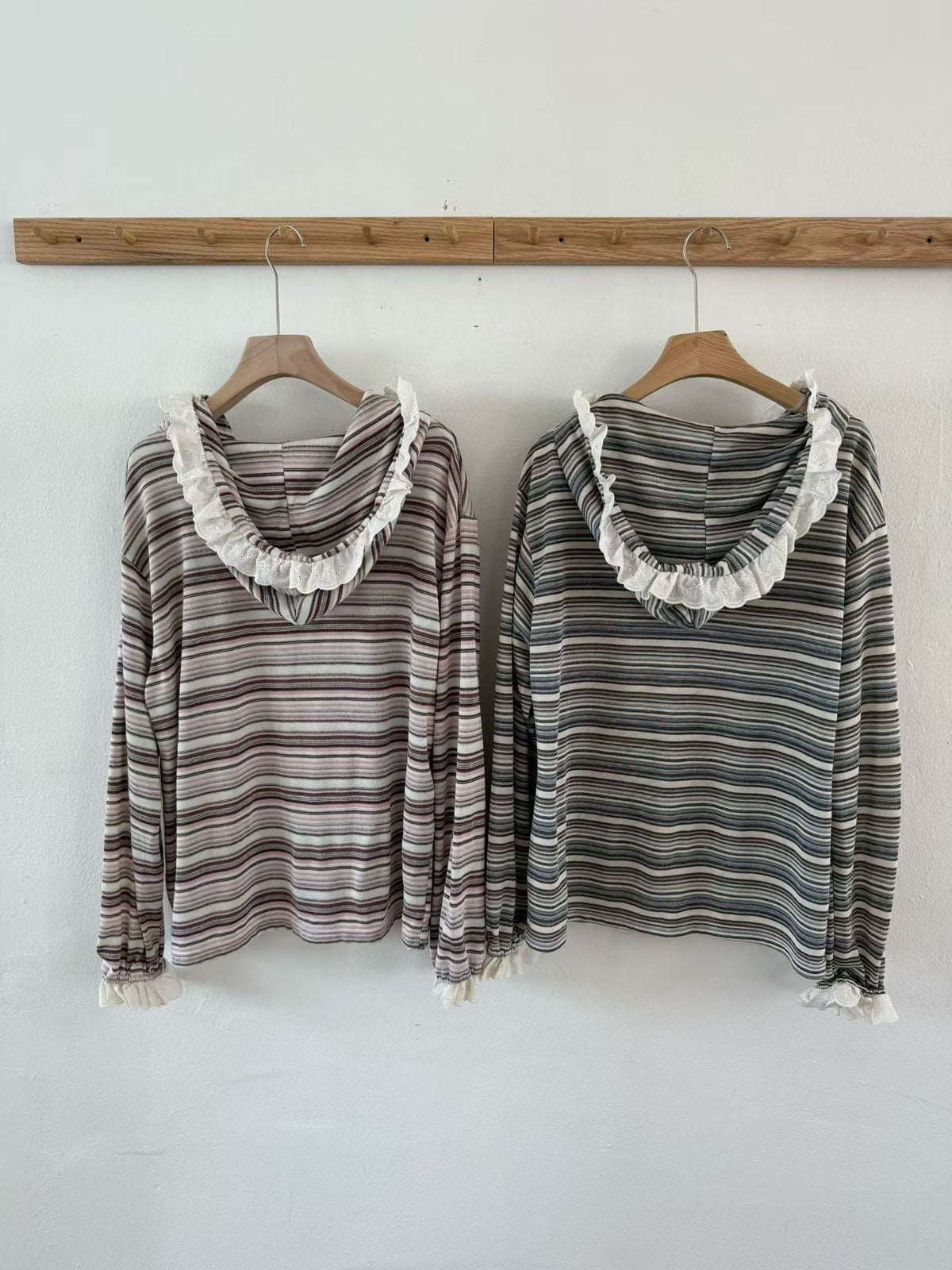 Korean Collection Lace-Trim Striped Hooded Top (Instock)