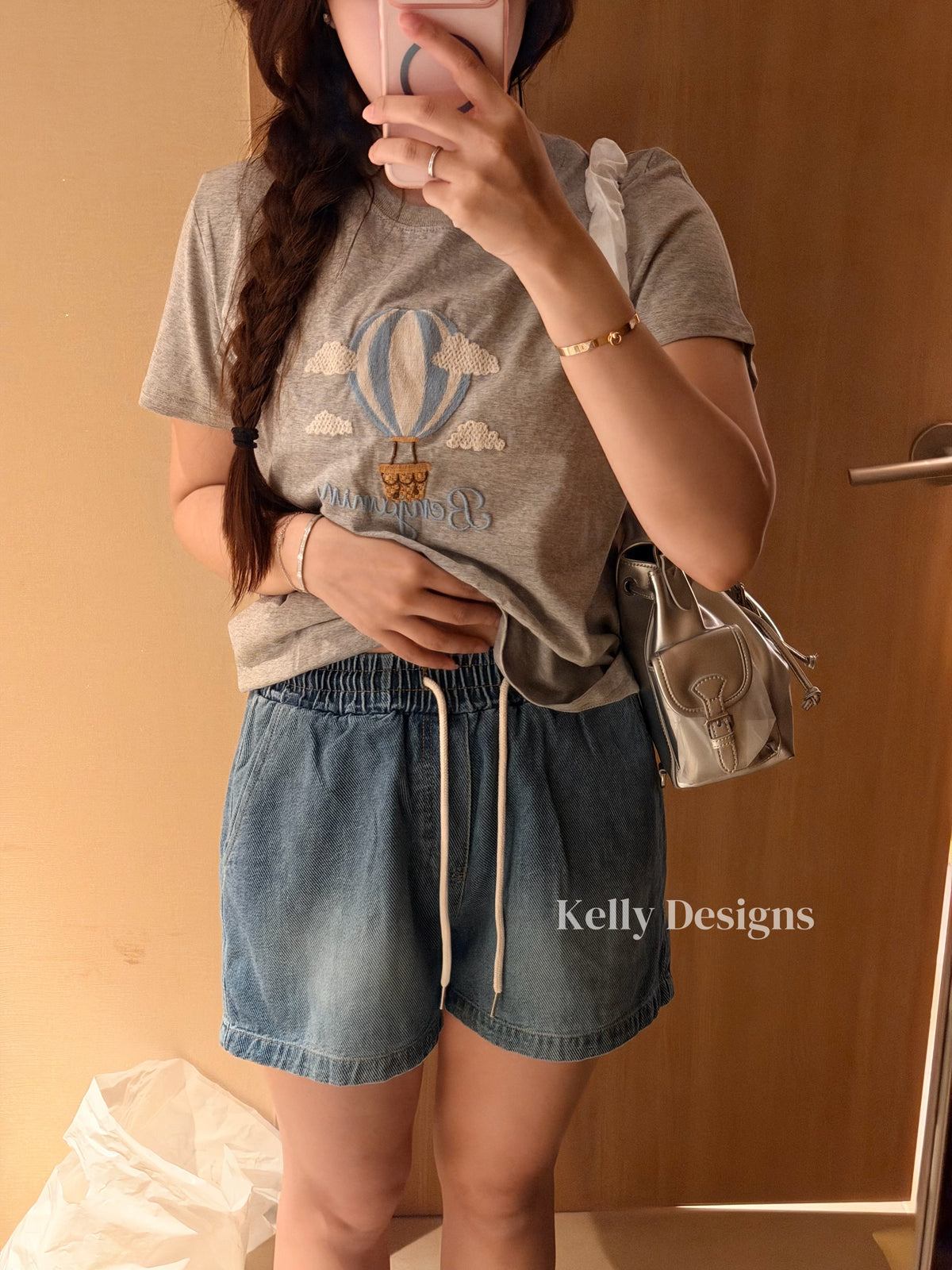 Korean APM Collection Ballon Gray Tshirt & Denim Shorts (Instock)