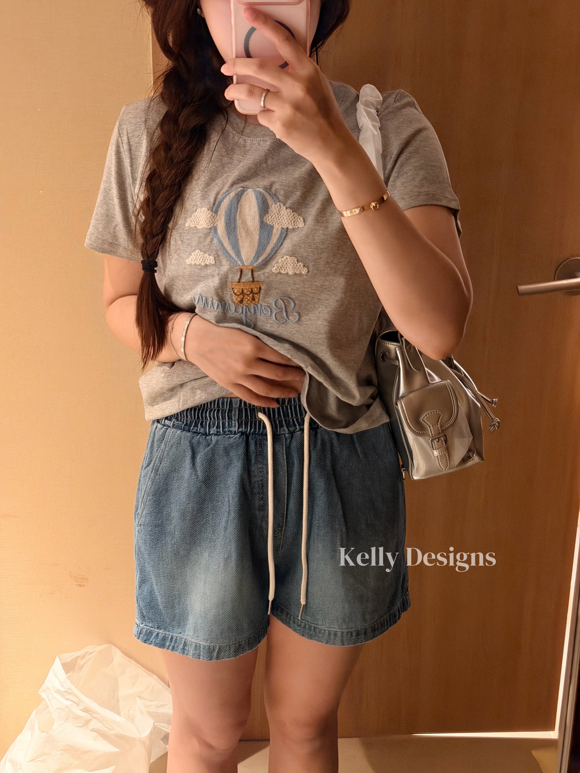 Korean APM Collection Ballon Gray Tshirt & Denim Shorts (Instock)