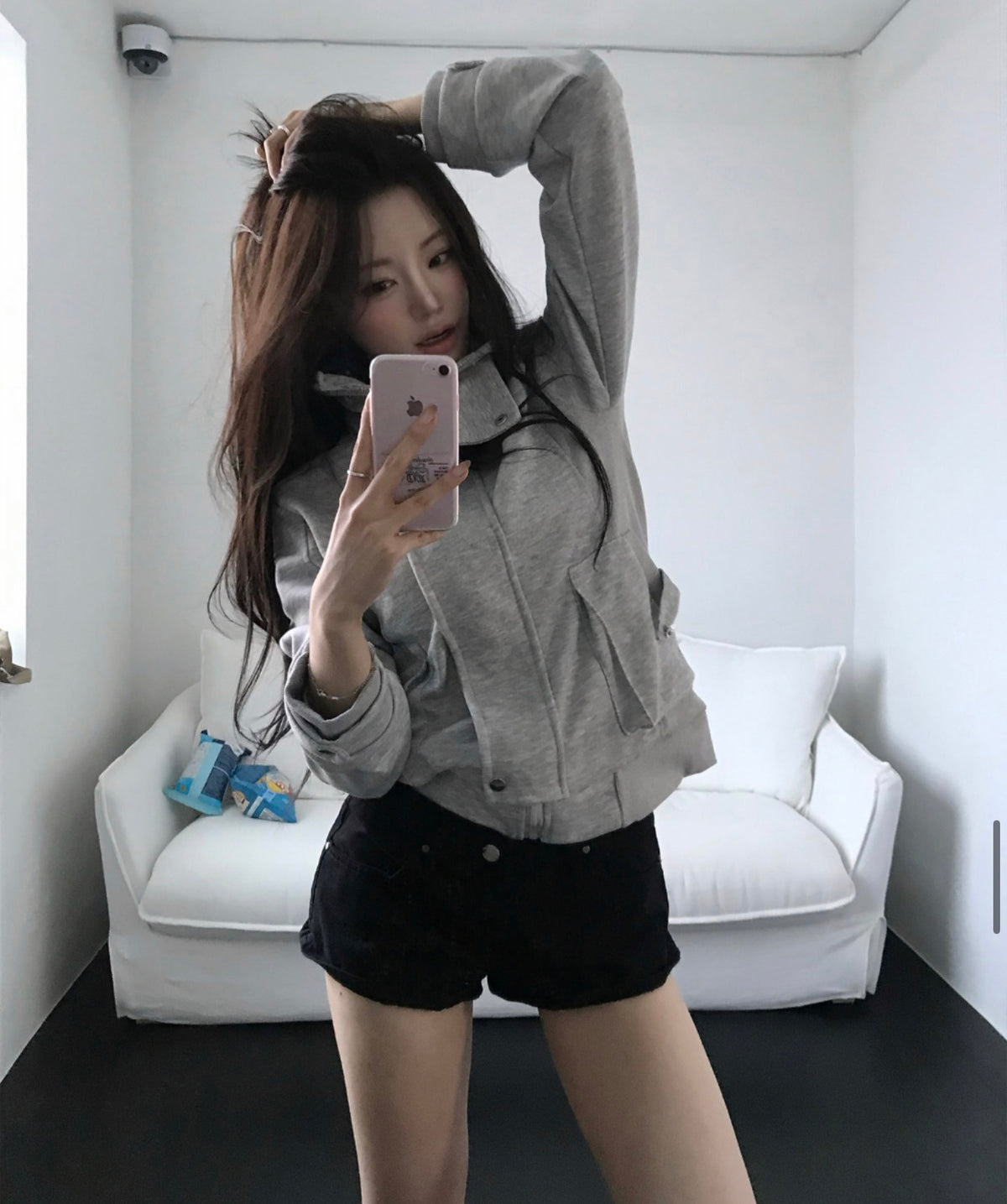 Korean Collection Grey High-Neck Cargo Zip-Up Jacket (Instock)