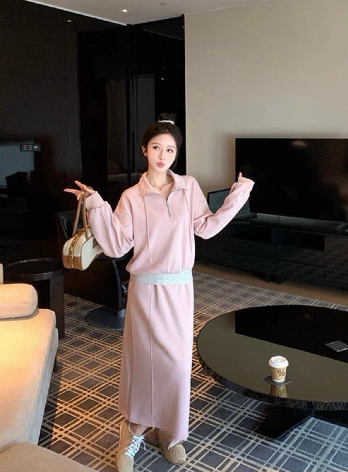 Kelly Designs Two-Piece Hoodie & Midi Skirt Set - Pink/Grey (Instock)