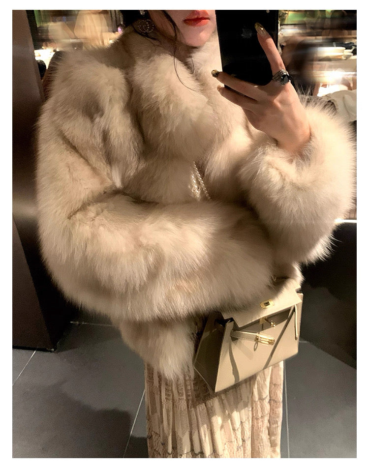 Kelly Designs Taupe Fox Fur Jacket with High Neck (Instock)