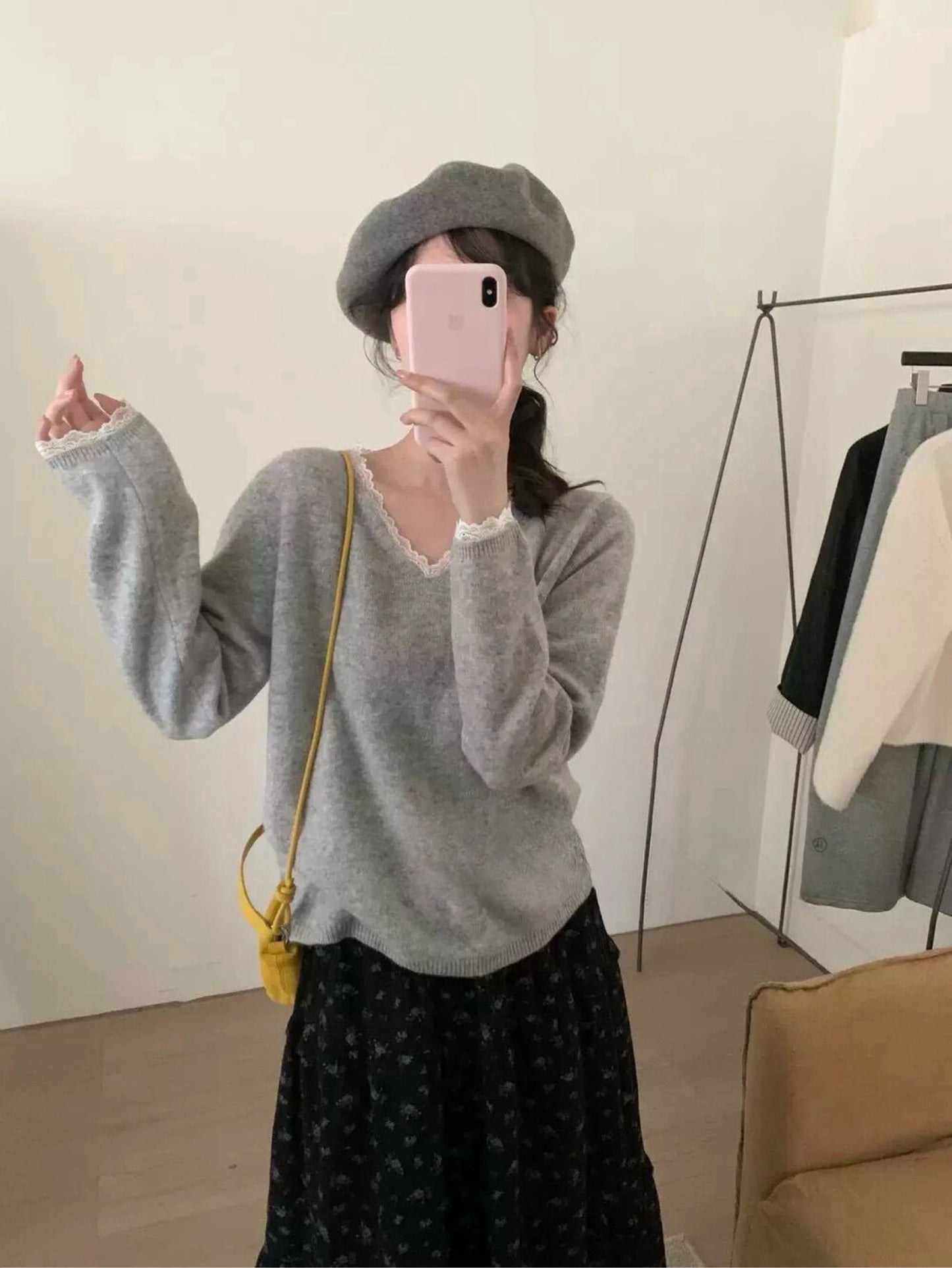 Kelly Designs 100% Wool Lace-Trim V-Neck Knit Sweater (3 Colors)- (Instock)