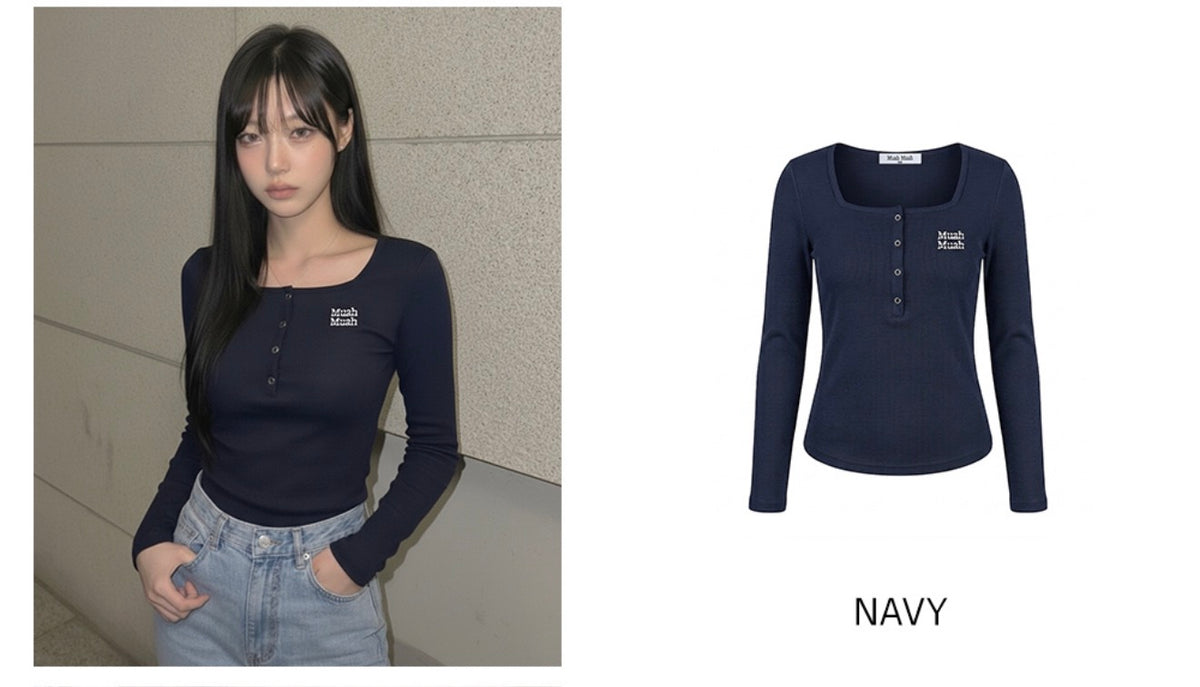 Korean Muah Muah Square Neck Henley Ribbed Long Sleeve Top (Instock)