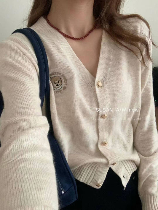 Kelly Designs Embroidery Bear Beige Cardigan (Preorder)