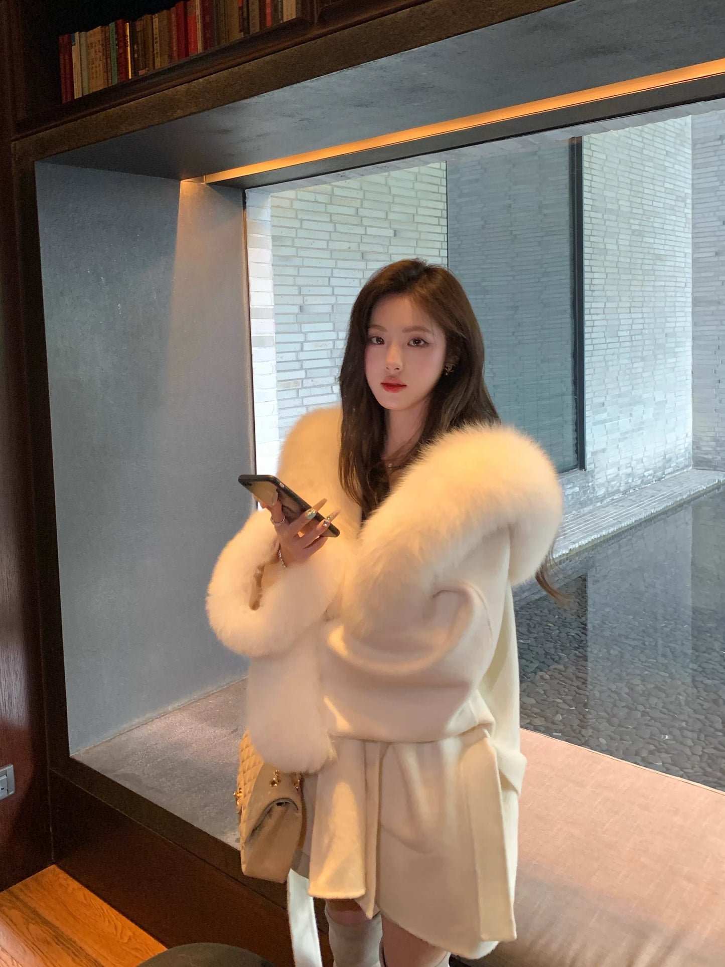 Kelly Designs Fox Fur Wool Coat - White/Black (Instock)