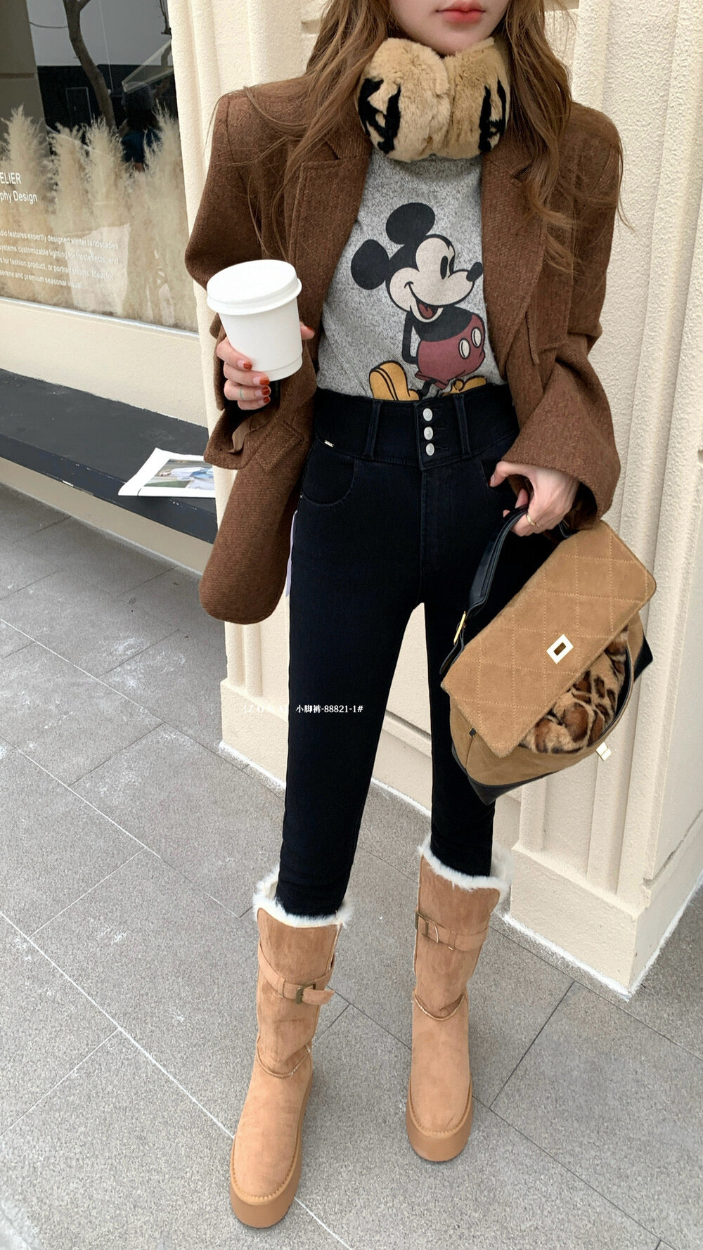 Kelly Designs Fleece-Lined Denim Black Slim Pants(Instock)