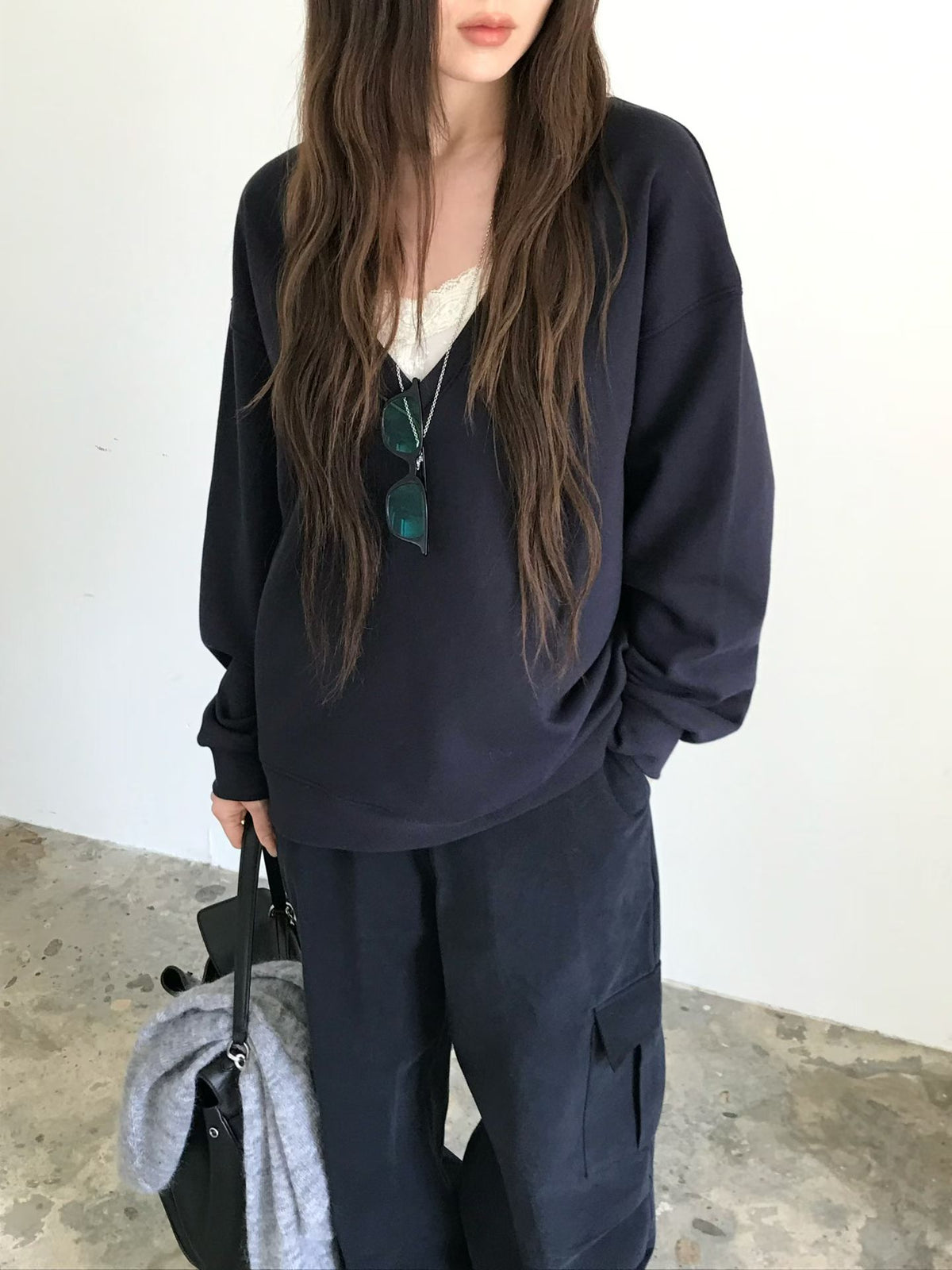 Korean APM Collection Relaxed Deep V-Neck Sweatshirt (Instock)