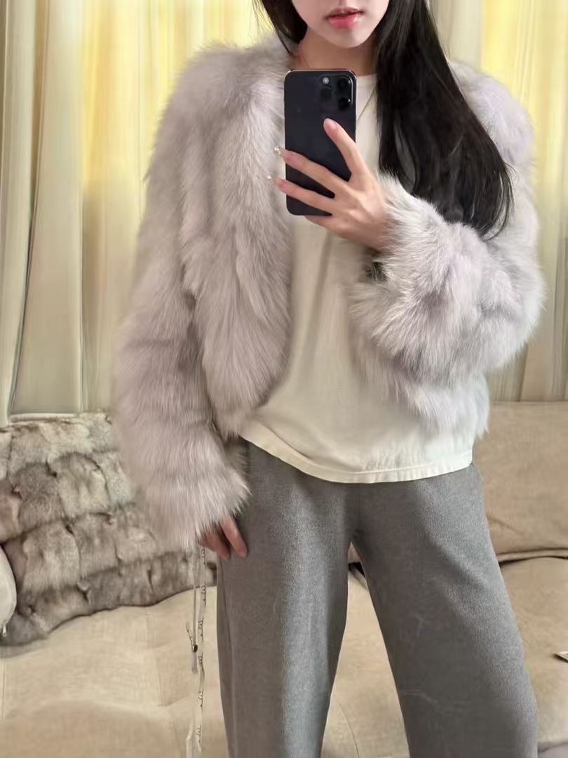 Kelly Designs Fox Fur Grey Purple V Neck Jacket (Instock)