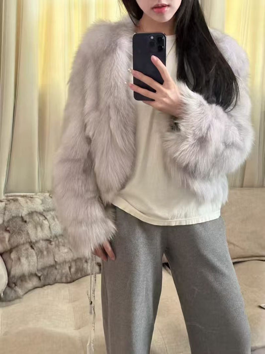 Kelly Designs Fox Fur Grey Purple V Neck Jacket (Instock)