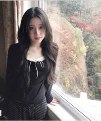Korean Beauté Ribbon Shirring Top - Black (Instock)