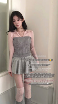 Korean Pink & Grey Layered Bustier Collar Knit Top