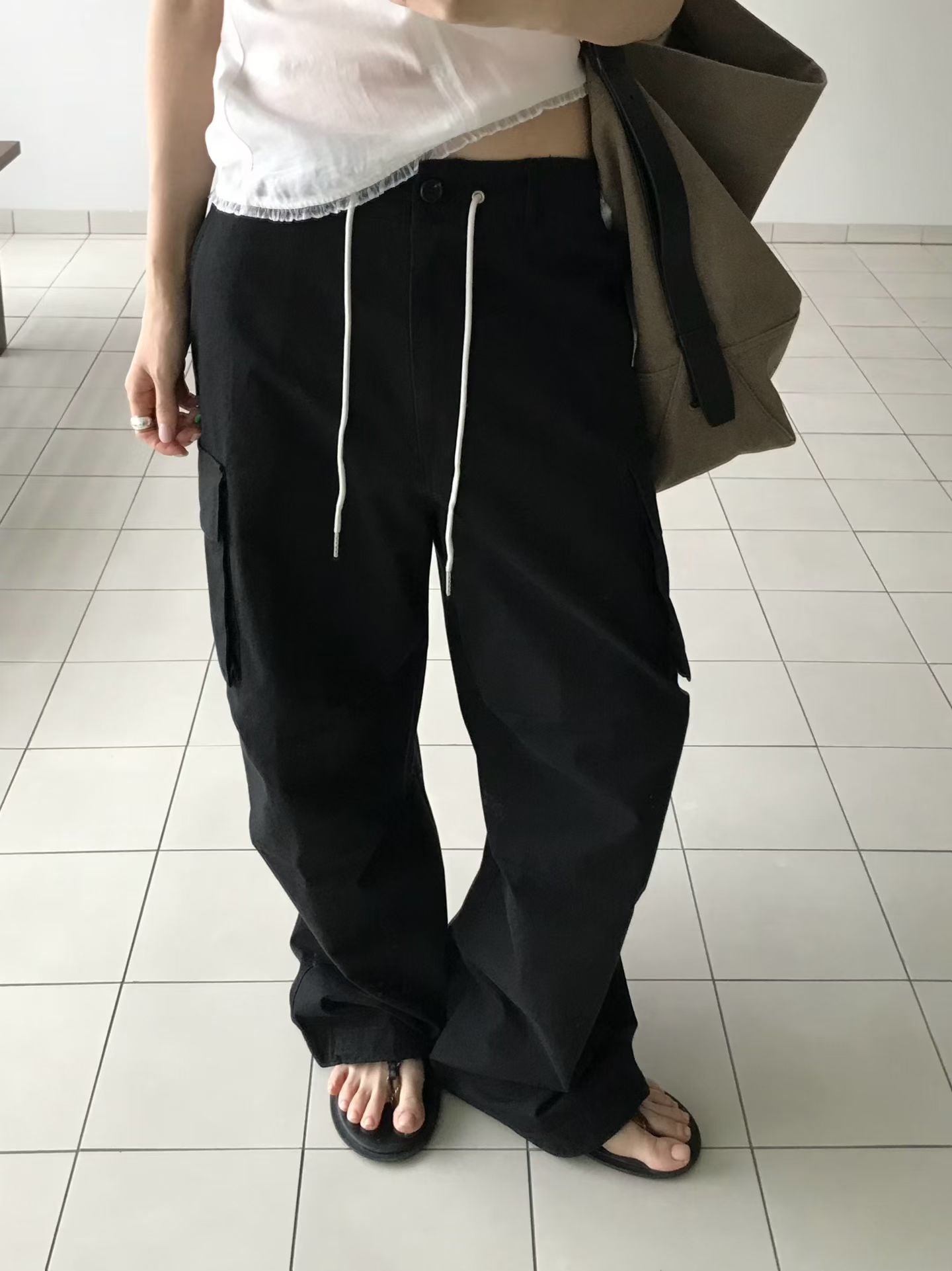 Korean Multi-Pocket Cargo Wide-Leg Black Pants (Instock)