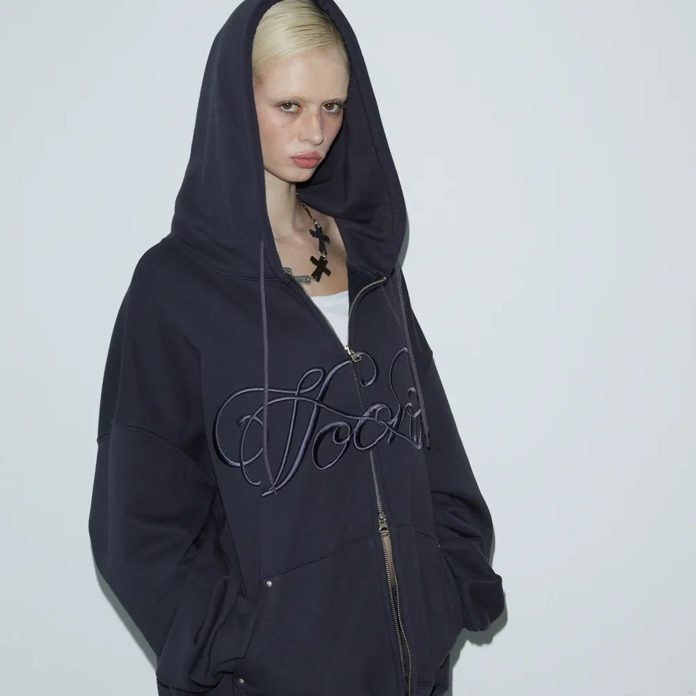 Korean VOONT Lettering Embroidery Zip-Up Charcoal Hoodie (Instock)