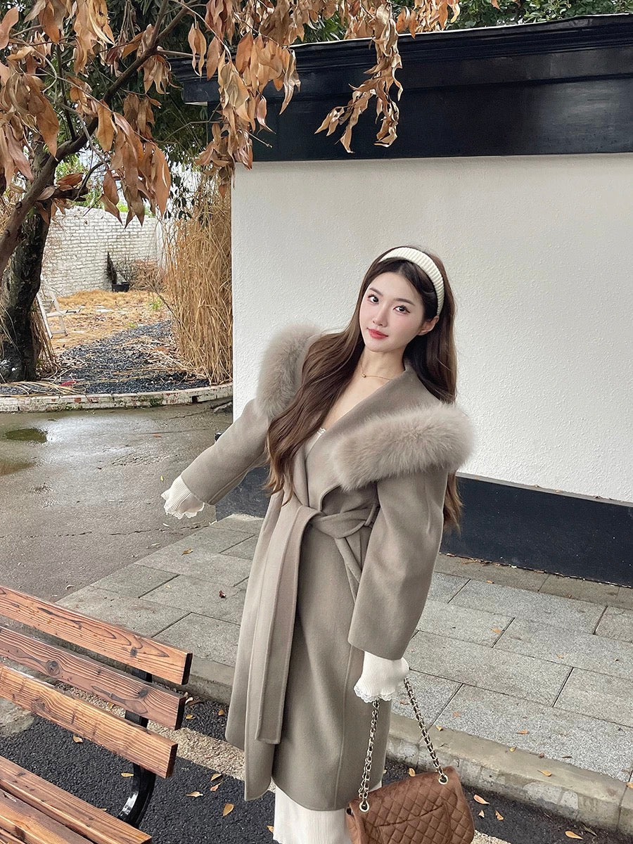 Kelly Designs 100% Wool Long Coat with Fox Fur Collar – Khaki (Instock)
