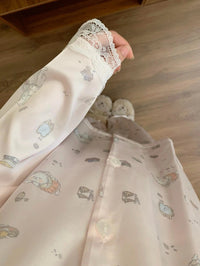 Kelly Designs Vintage Kitten Satin Pajama Set with Lace Trim & Scrunchie (Instock)