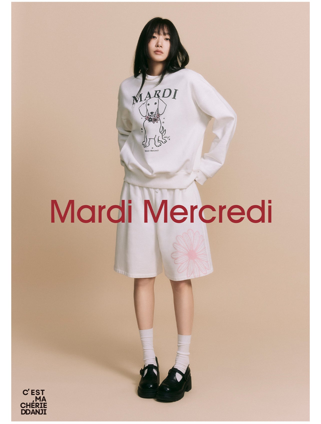Mardi Mercredi SWEATSHIRT SWING THE TAIL DDANJI FLOWER NECKLACE_WHITE PINK(Instock)