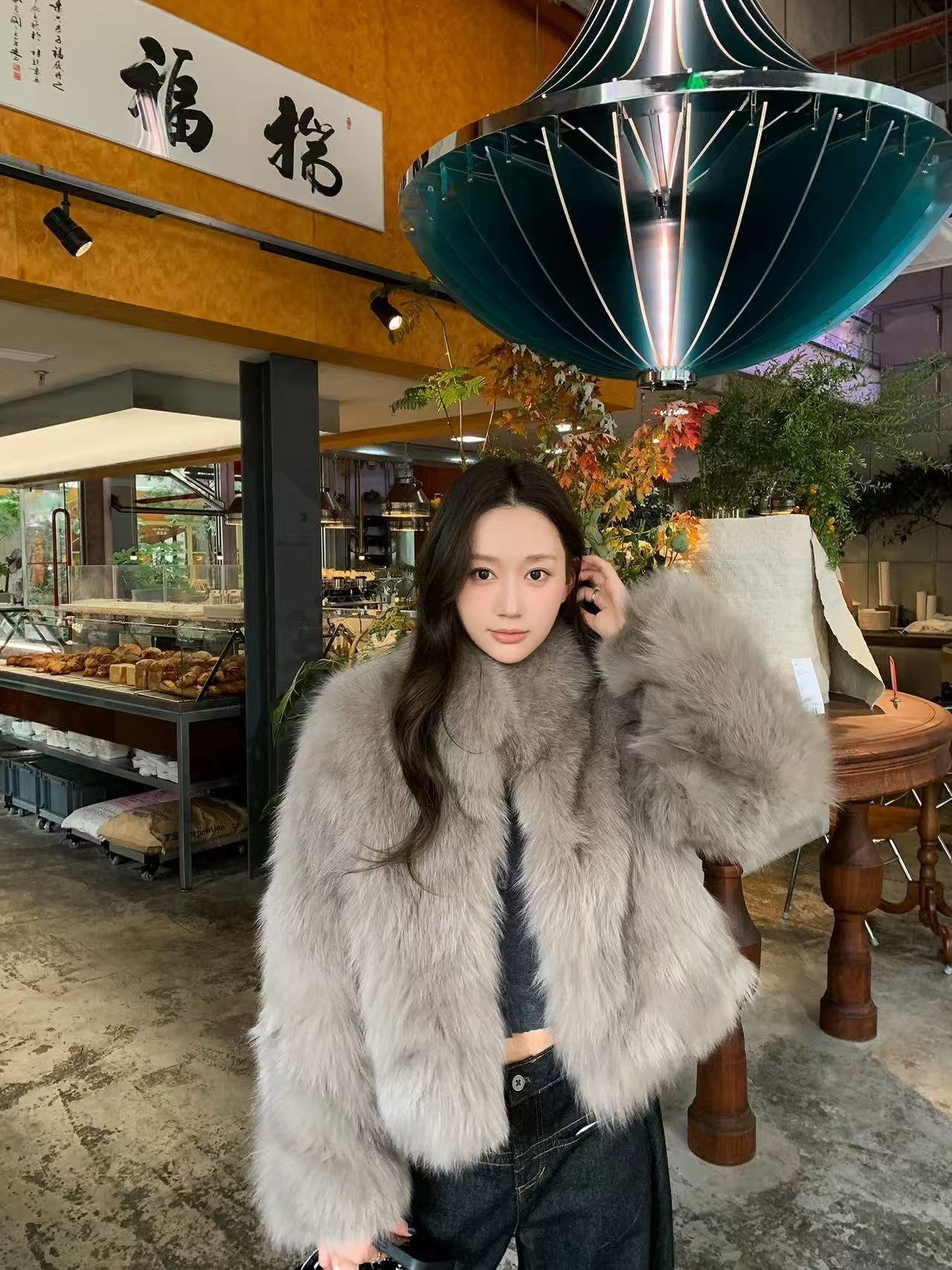 Kelly Designs Brown Grey Fox Fur High Neck Jacket (Instock)