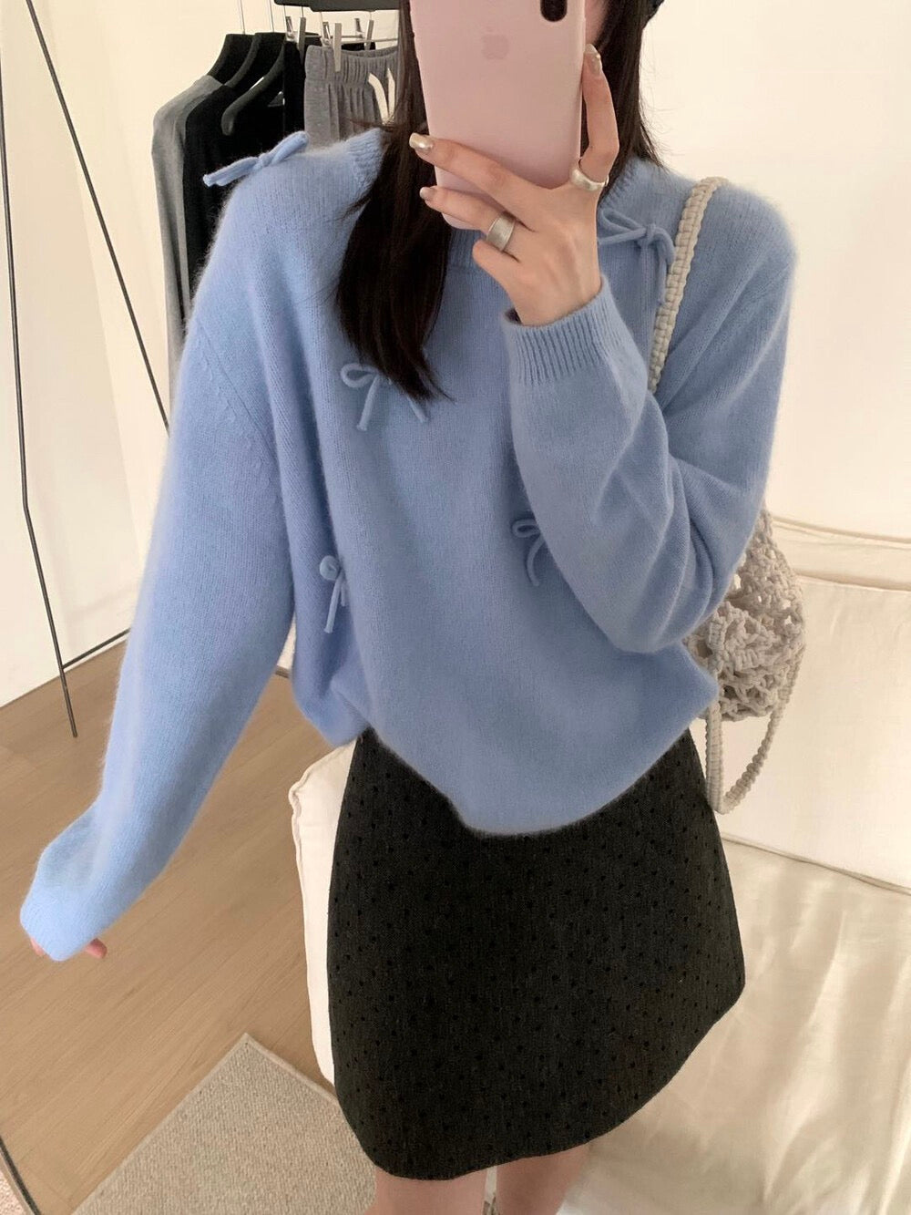 Kelly Designs Raccoon Wool Bow Knit Pullover - Red/Blue (Instock)