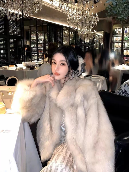 Kelly Designs Taupe Fox Fur Jacket with High Neck (Instock)