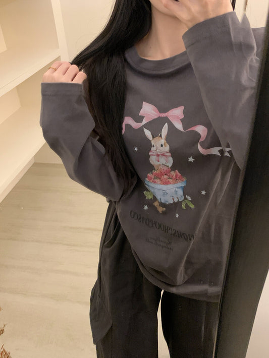 Kelly Designs Brushed Cotton Long-Sleeve Tee – Bow Strawberry Bunny Print (Instock)