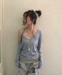 Korean Lace Cami & One Shoulder Button Top Set (Instock)