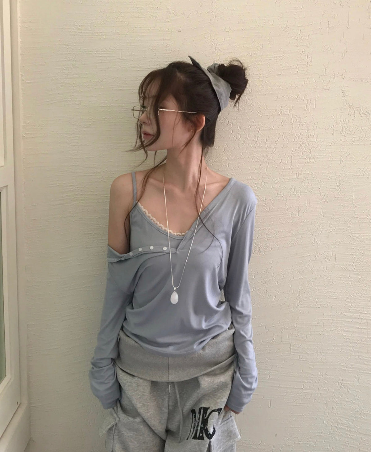 Korean Lace Cami & One Shoulder Button Top Set (Instock)