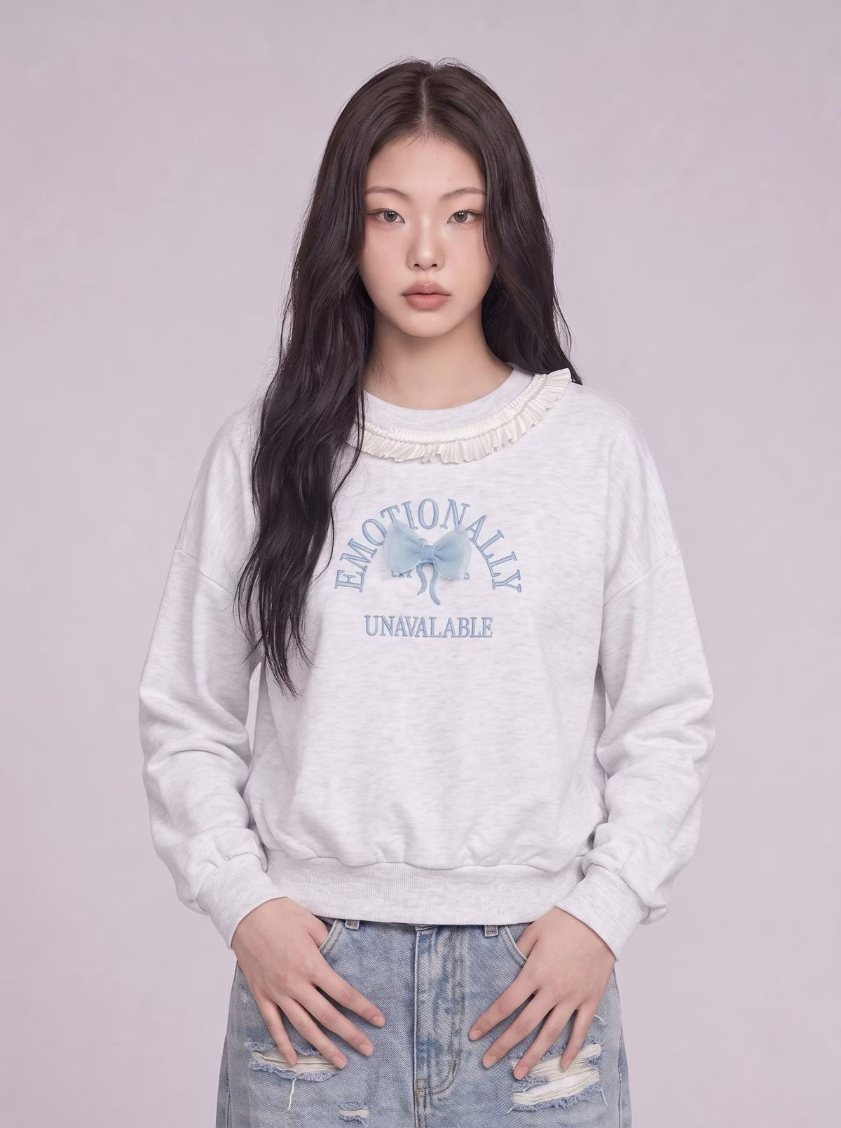 Korean Collection Bow Ruffle Collar Embroidered Sweatshirt (Instock)