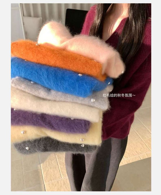 Kelly Designs Multi-Color Cashmere Wool V-Neck Pearl Brushed Sweater  (Instock)