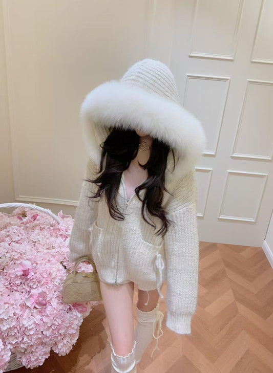 Kelly Designs Fox Fur White Zip Up Ribbons Hoodie (Instock)