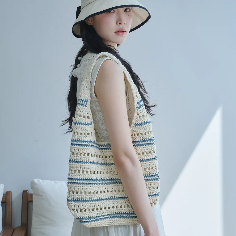 Korean Pippi Striped Crochet Shoulder Bag – Cream & Blue (Instock)
