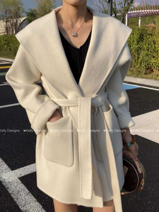 Kelly Designs short hooded wool beige coat (Instock)