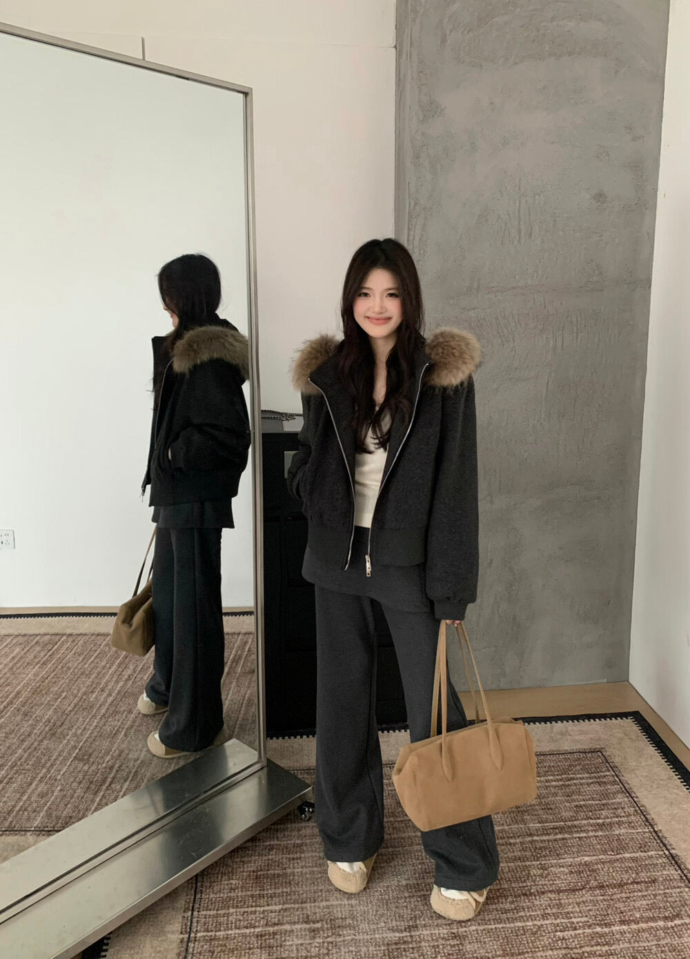 Kelly Designs Minimal Wool-Blend Short Goose Jacket with Detachable Raccoon Fur Collar (Instock)