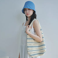 Korean Pippi Striped Crochet Shoulder Bag – Cream & Blue (Instock)