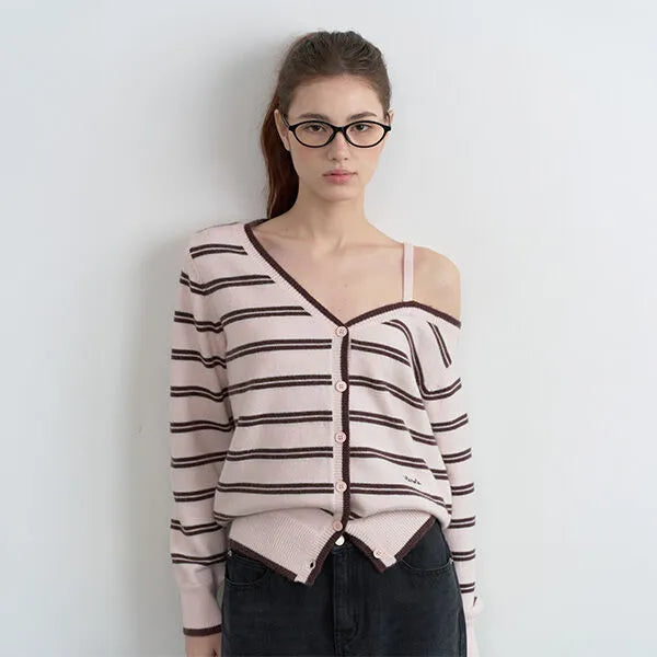 Korean Collection Rolarola ONE OFF SHOULDER STRIPE WOOL BLENDED Cardigan Pink (Instock)