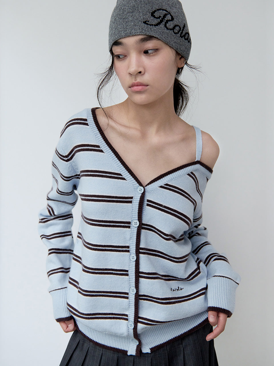 Korean Collection Rolarola ONE OFF SHOULDER STRIPE WOOL BLENDED Cardigan Gray (Instock)