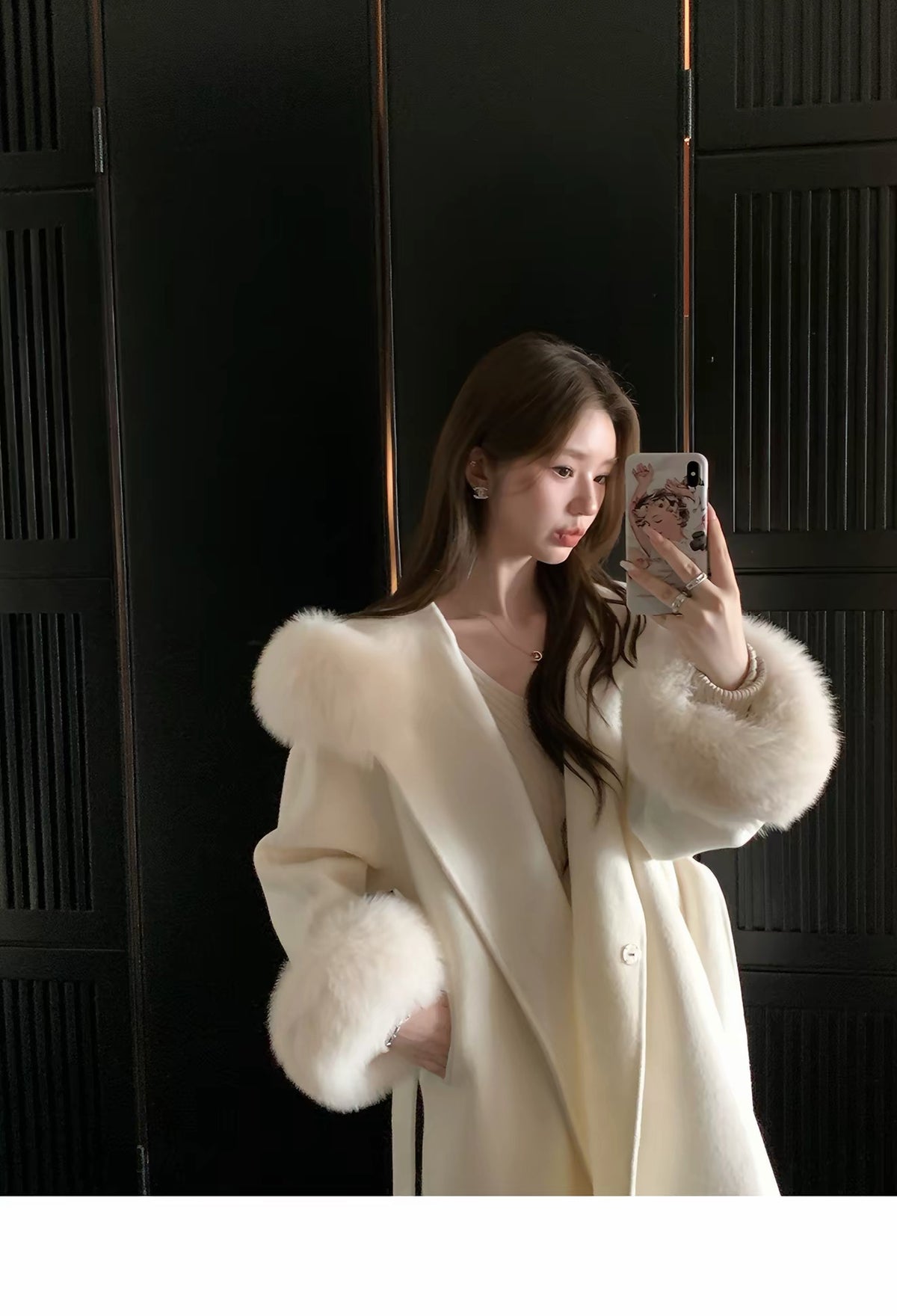 Kelly Designs Fox Fur Trim Wool Long Coat – Ivory (Instock)