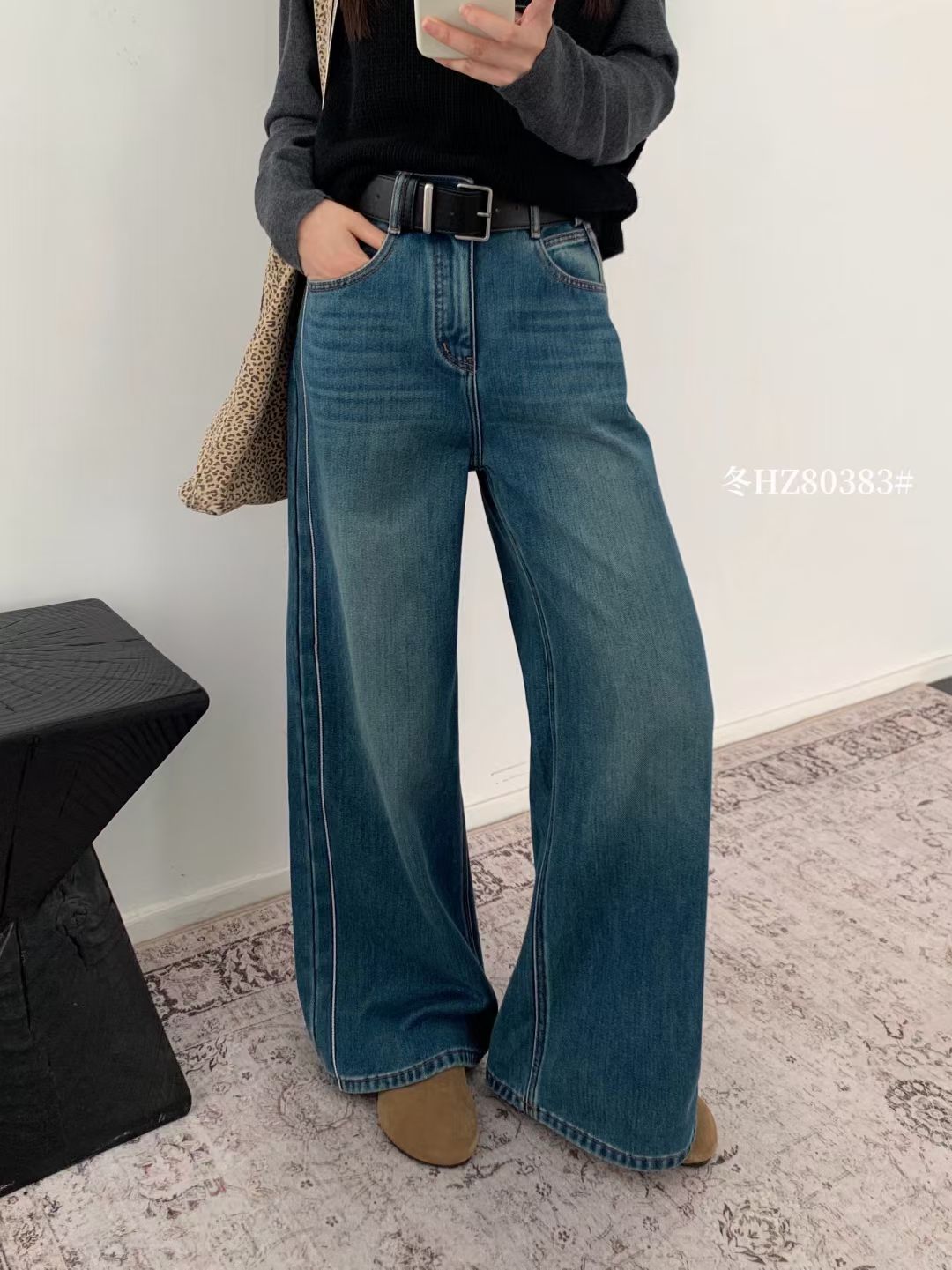 Kelly Designs Fleece-Lined Denim Navy Pants With Belt (Instock)