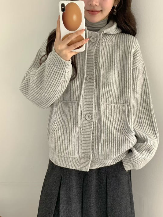 Korean APM Collection EGG Button Up Light Grey Hoodie Wool Cardigan (Instock)