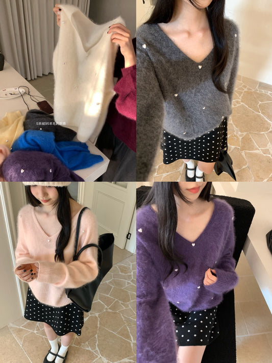 Kelly Designs Multi-Color Cashmere Wool V-Neck Pearl Brushed Sweater  (Instock)