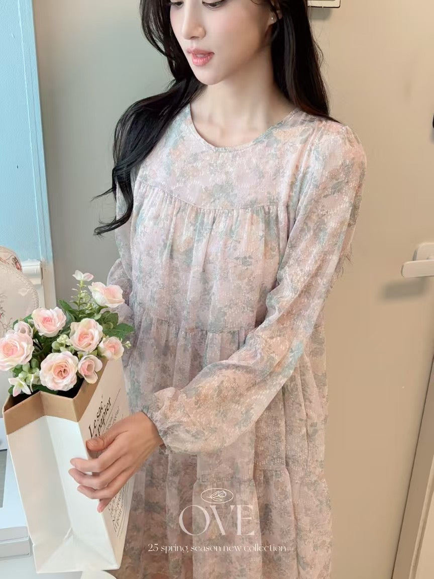 Korean APM Collection Beige Pink Flower Dress (Instock)