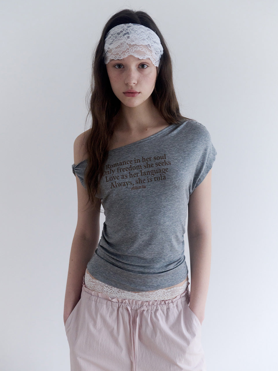 Rolarola LETTERING DRAPE OFF SHOULDER T-SHIRT GRAY (Instock)