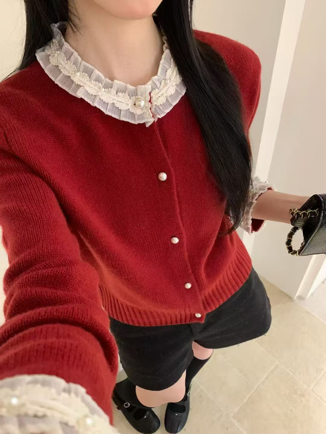 Kelly Designs 100% Wool Pearl Button Knit Red Cardigan (Instock)